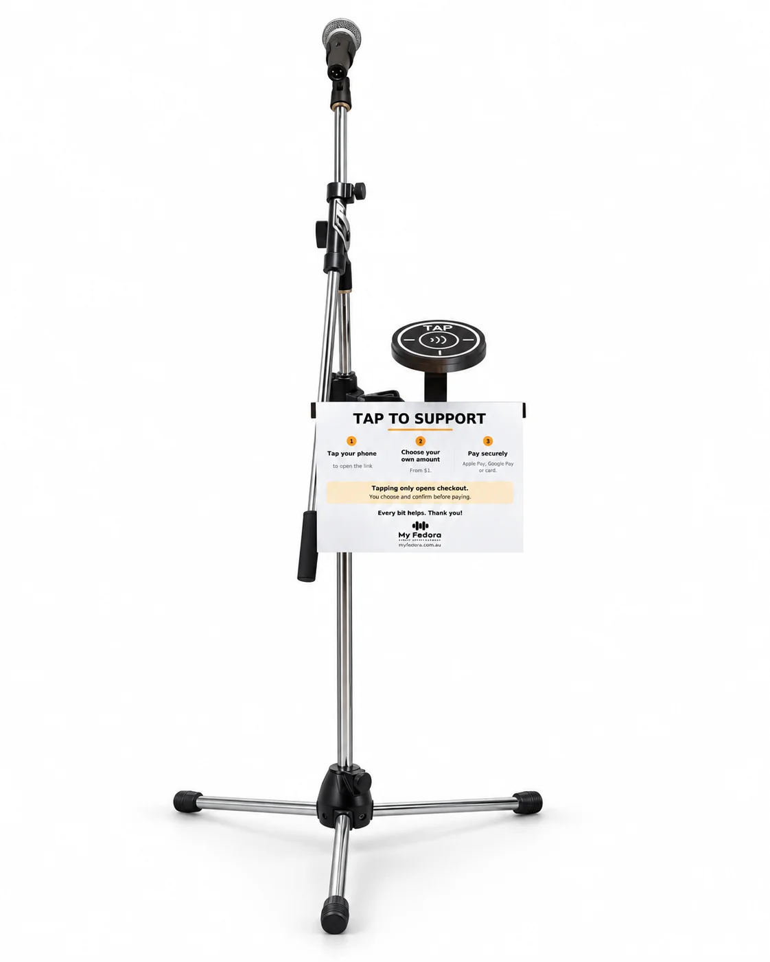 Tip Puck and included tap guide mounted on a microphone stand using the optional mic stand adaptor