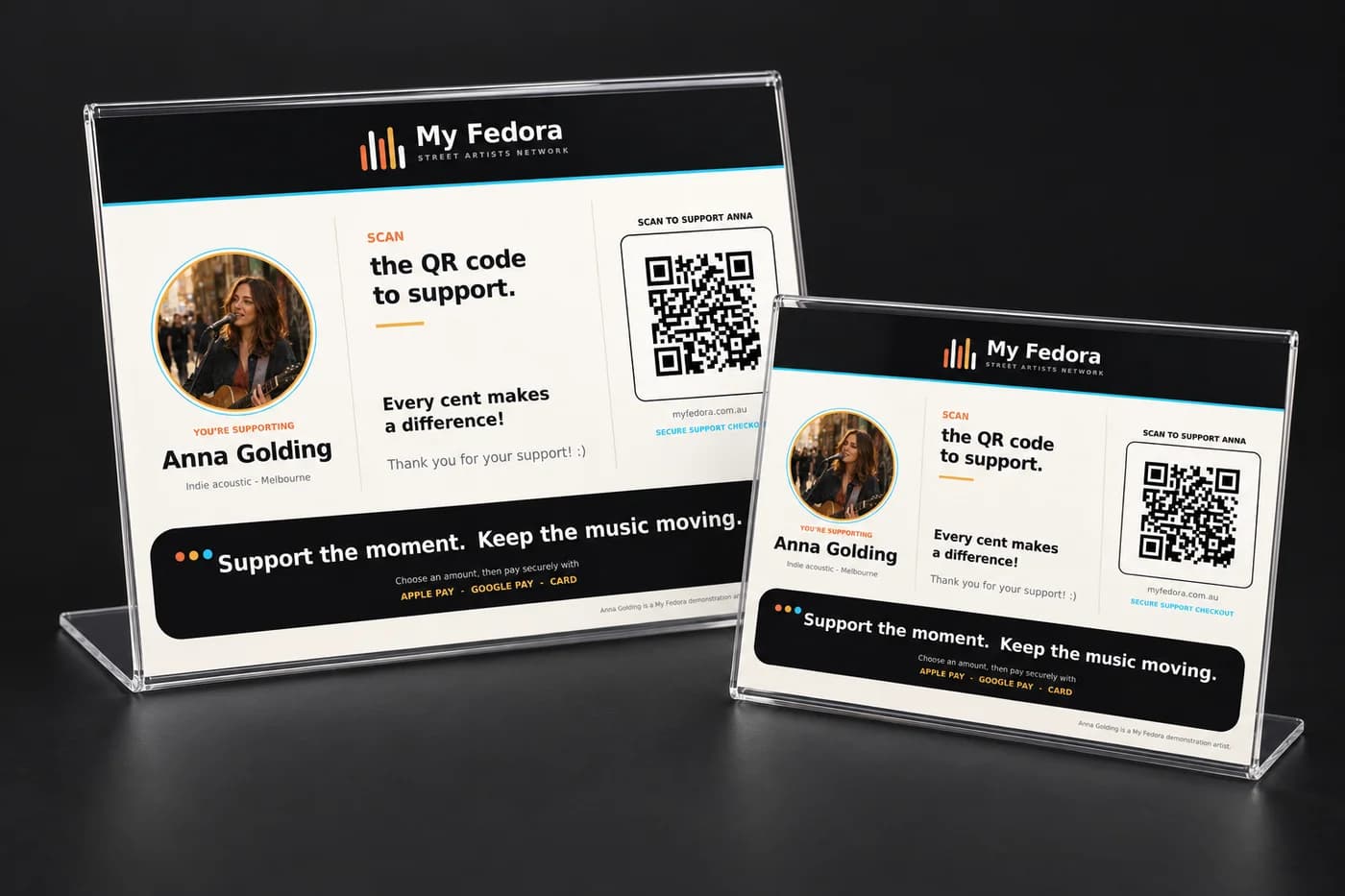 A4 and A5 landscape clear holders displaying Anna Golding’s sample QR poster
