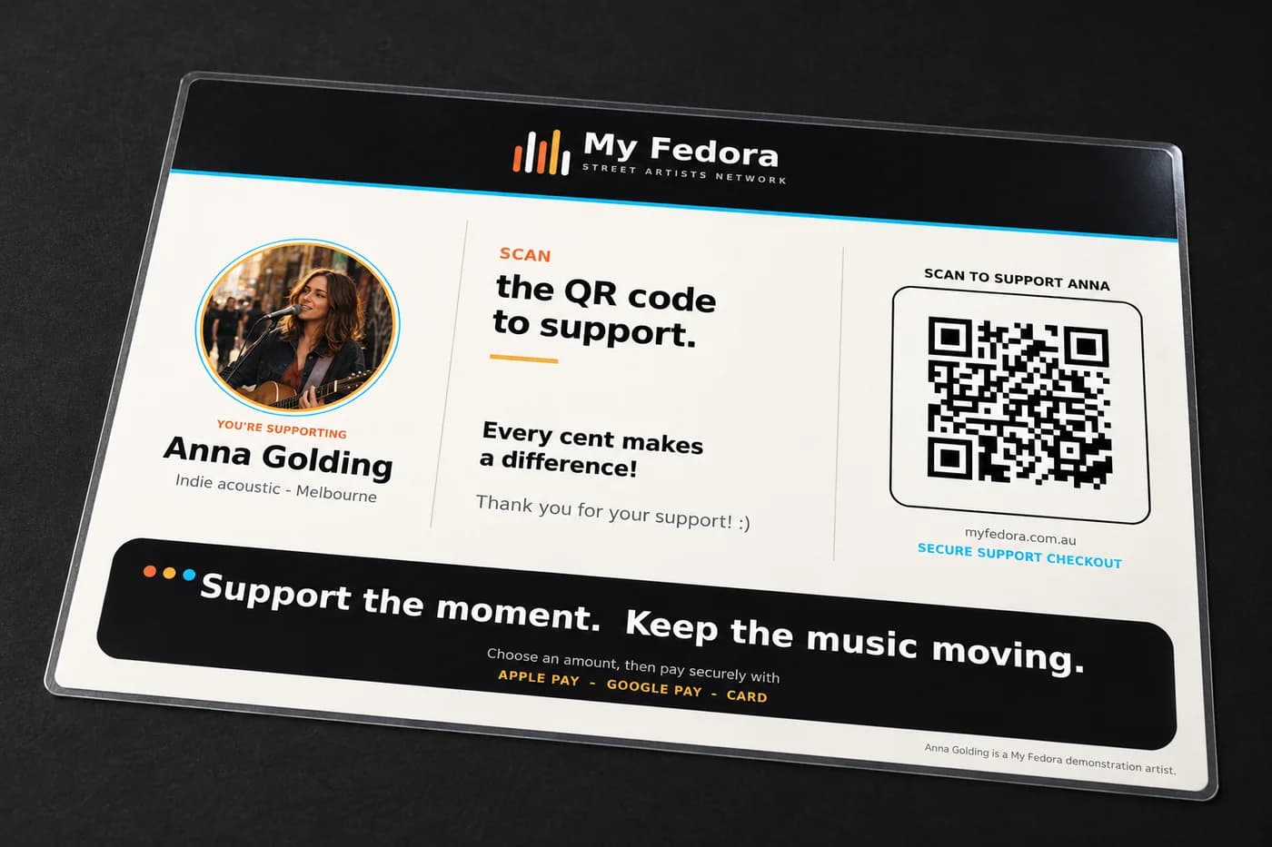 Anna Golding’s personalised landscape laminated QR poster on charcoal