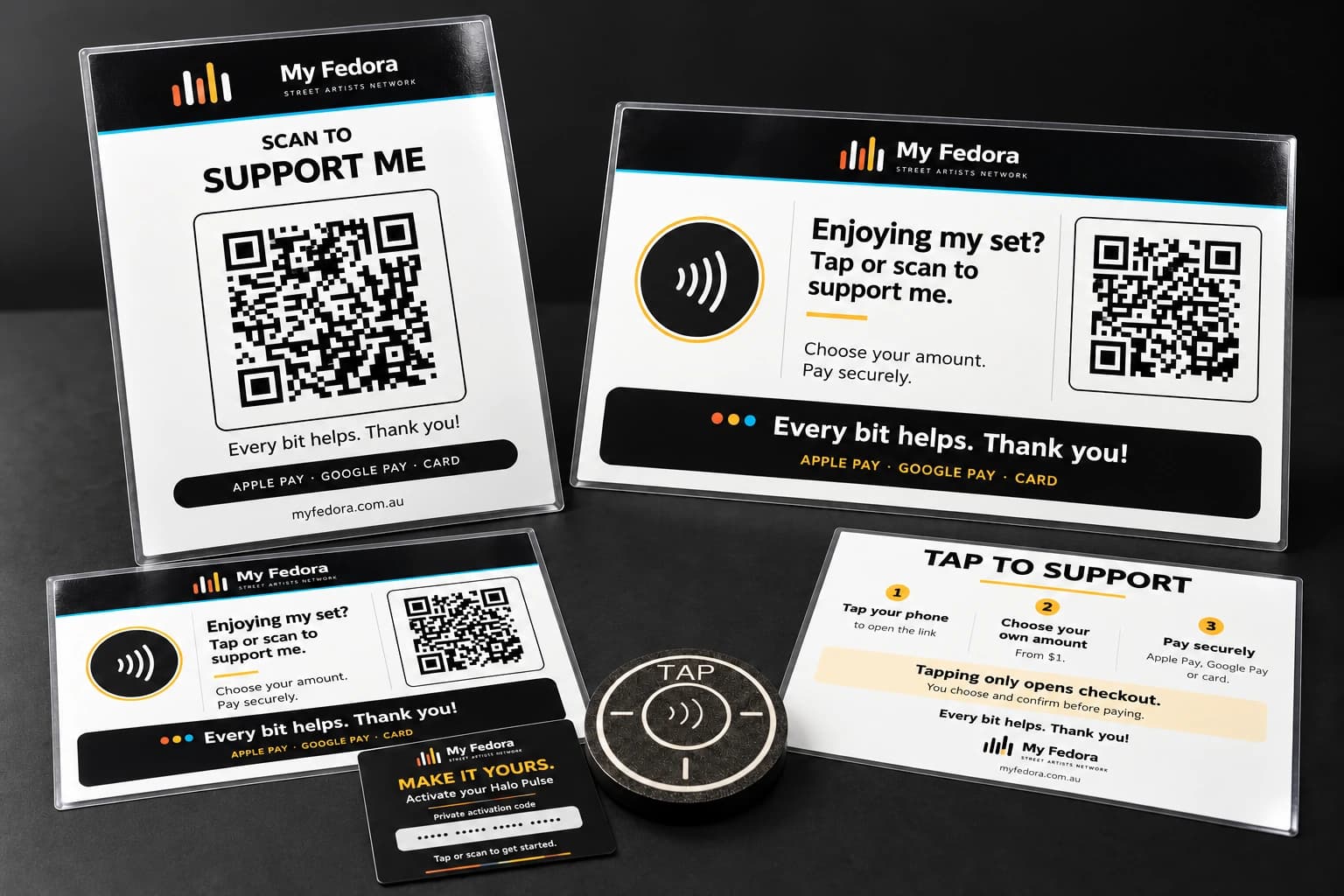 Black Halo Pulse with four universal laminated support displays and its private activation card